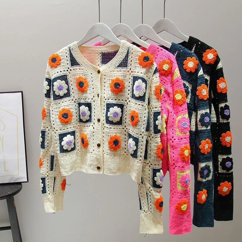 Vintage Floral Crochet Knit Cardigan Sweater Unisex