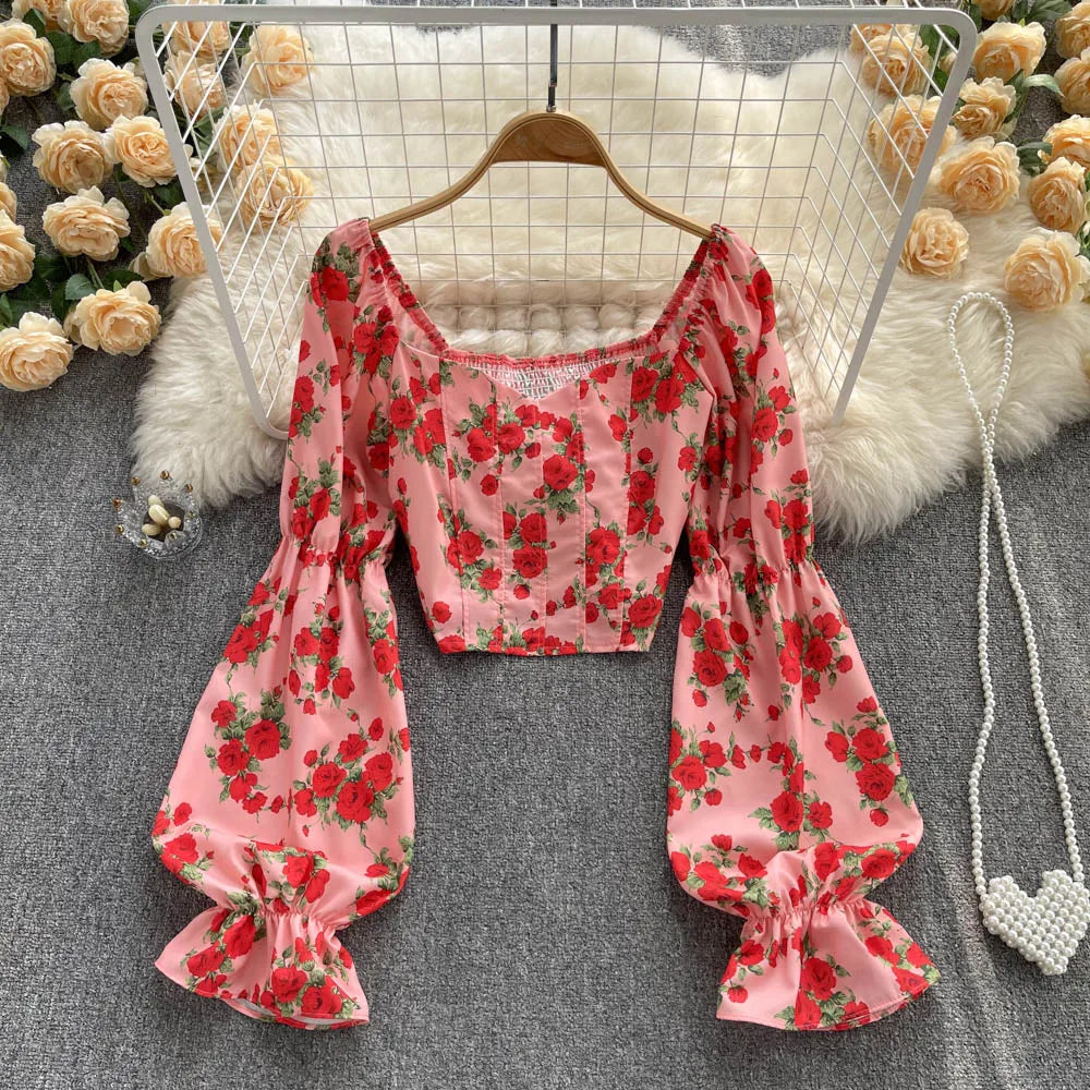 Womens Floral Print Square Neckline Blouse With Bell Sleeves