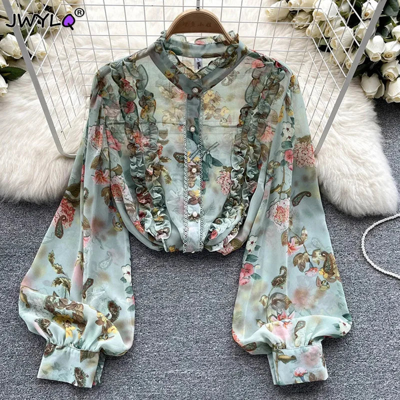Womens Floral Print Chiffon Blouse With Ruffle Detail