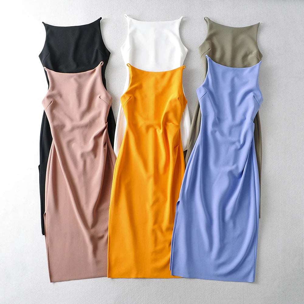 Elegant Sleeveless Satin Midi Dress In Various Colors