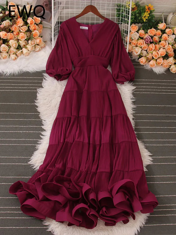 Elegant Burgundy V-neck Tiered Ruffle Maxi Dress Women
