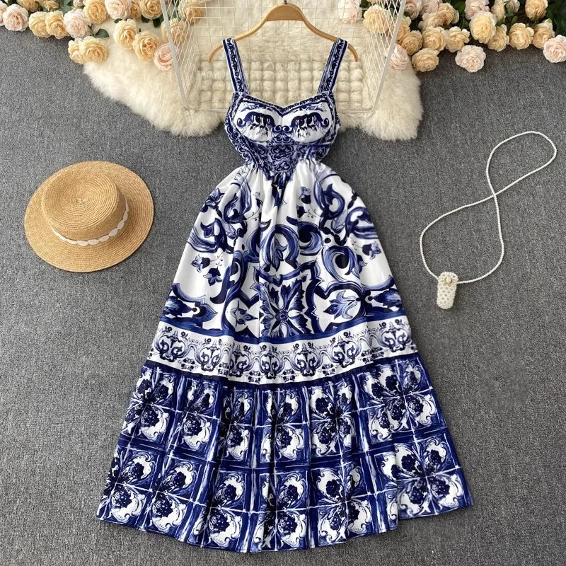 Womens Blue And White Porcelain Print Summer Dress