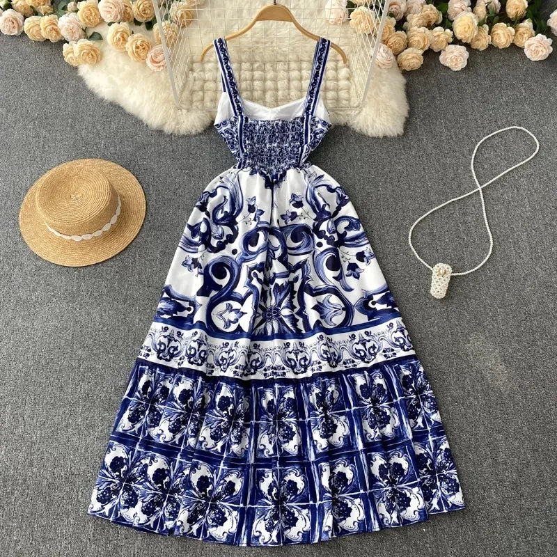 blue and white porcelain print dress High quality blue and White porcelain print sleeveless flared dresses 494 / XXL