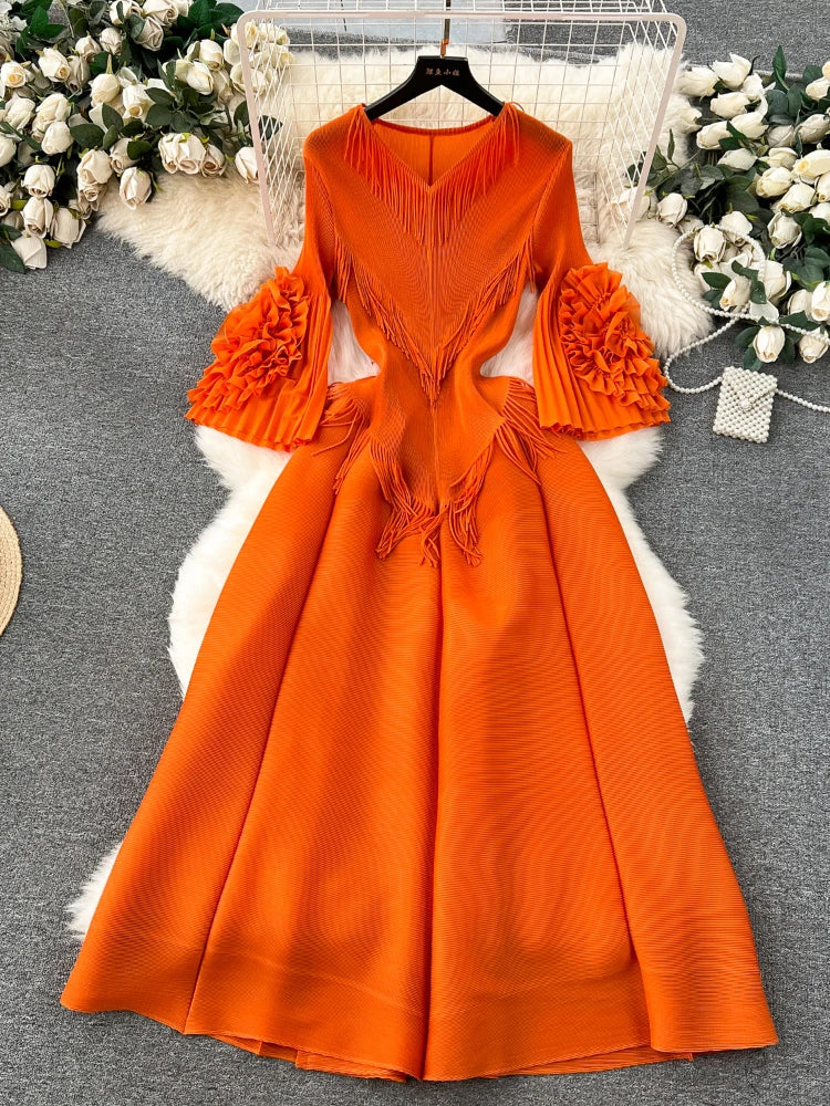 Elegant Orange Pleated Midi Dress With Ruffle Sleeves
