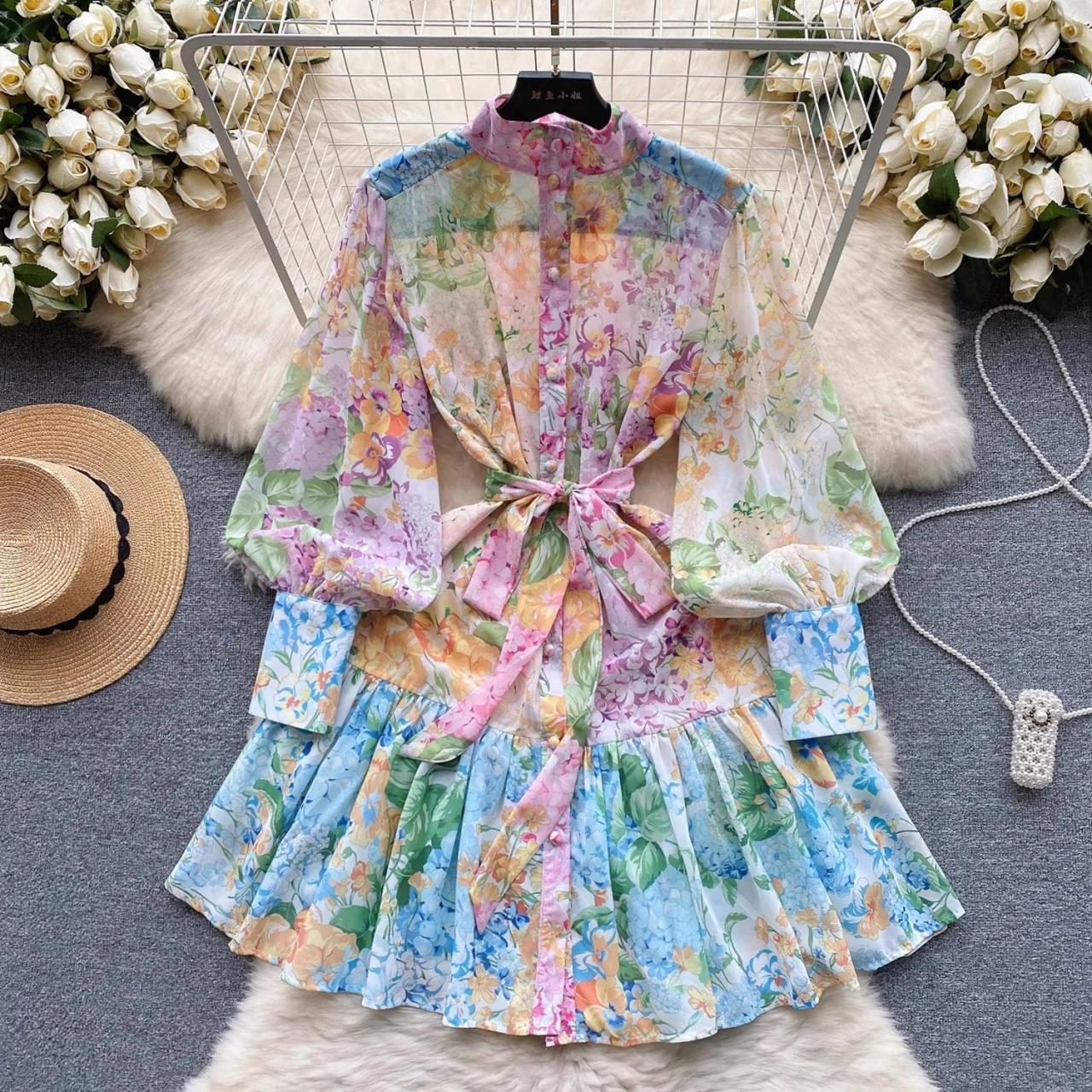 knee length dresses for ladies Daisie Chiffon Mini Dress / Multi Fluid Reverie Print | Meshki main image 0