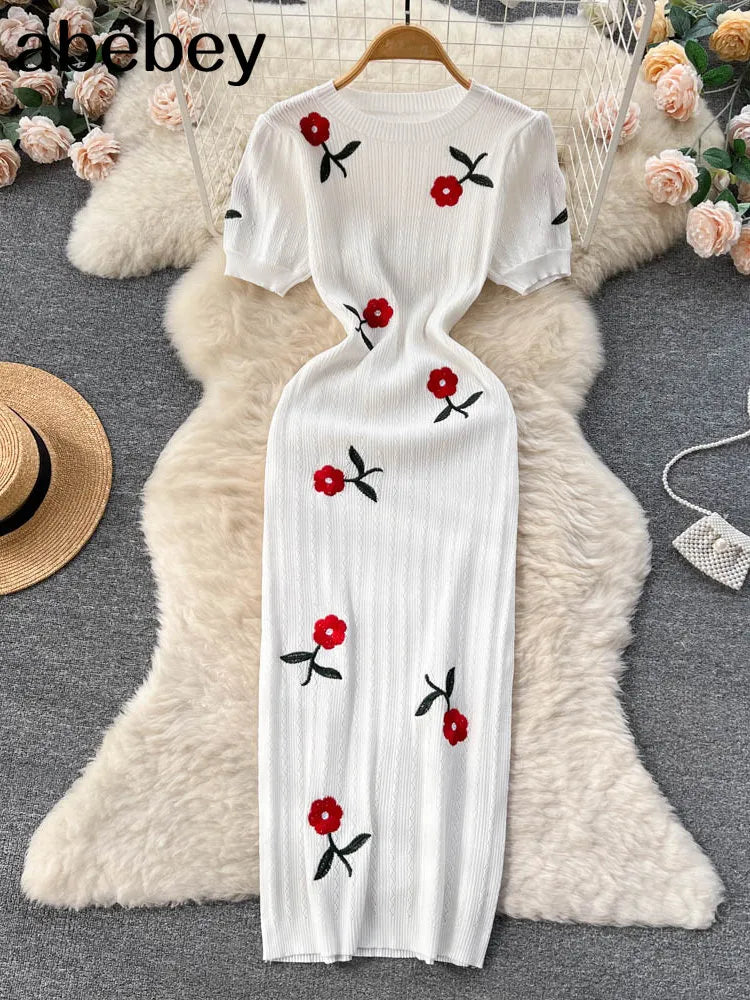 Womens Short Sleeve Floral Knit Bodycon Midi Dress