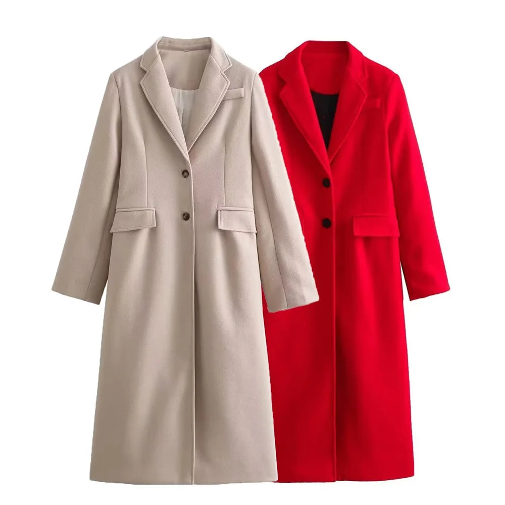 Elegant Long-sleeve Wool Blend Coat In Red And Beige