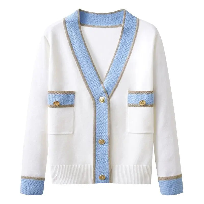 Women Clothing Korean Fashion Contrast Style Sweater Cardigan Autumn Slim Simple Casual Knitwear Jacket Female 2023 Coats