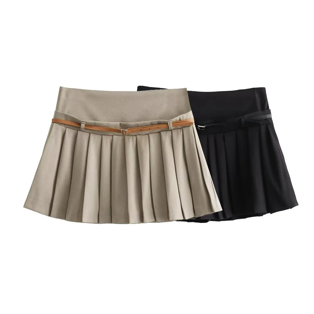 Womens Pleated Mini Skirt With Belt, Casual Fashion