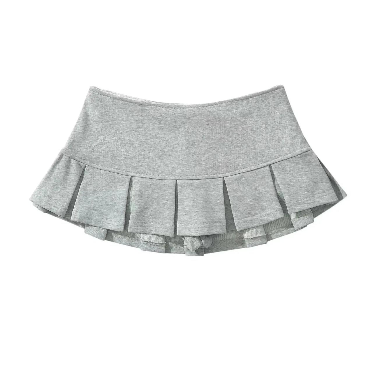 Girls Grey Cotton Pleated Skirt With Elastic Waistband