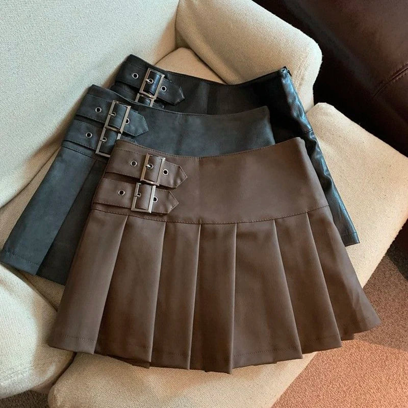 Womens High-waist Pleated Faux Leather Skirt With Buckles