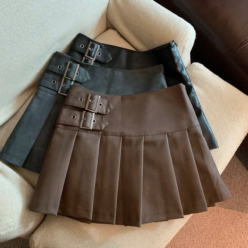 Womens High Waist Pleated Faux Leather Skirt with Buckles