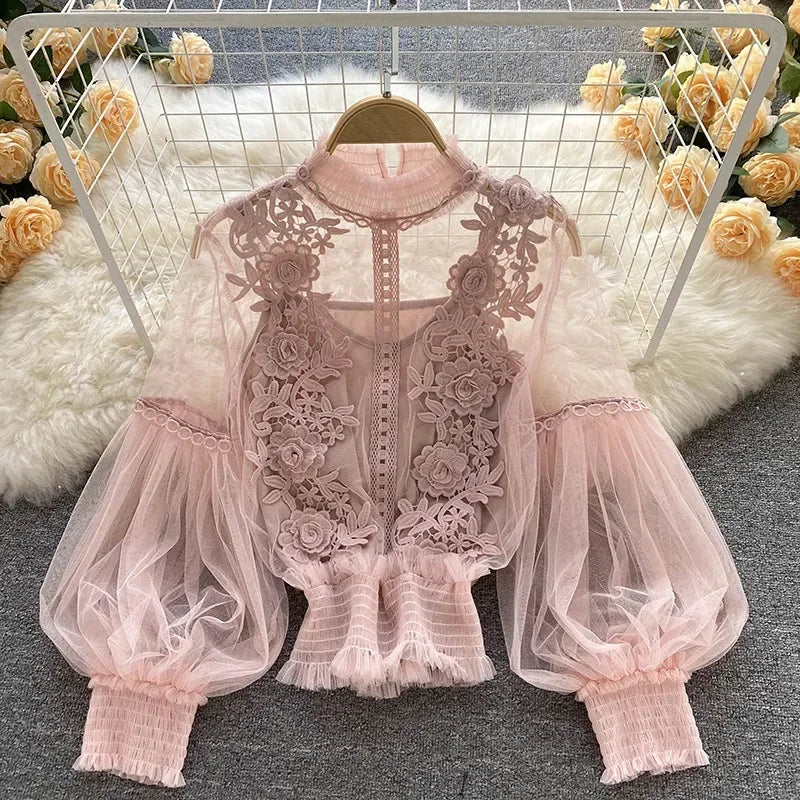 トップス rurumu: puff sleeve lace over blouse Crochet Lace Puff Sleeve Lace Trim Top – Home of Hanger Haus