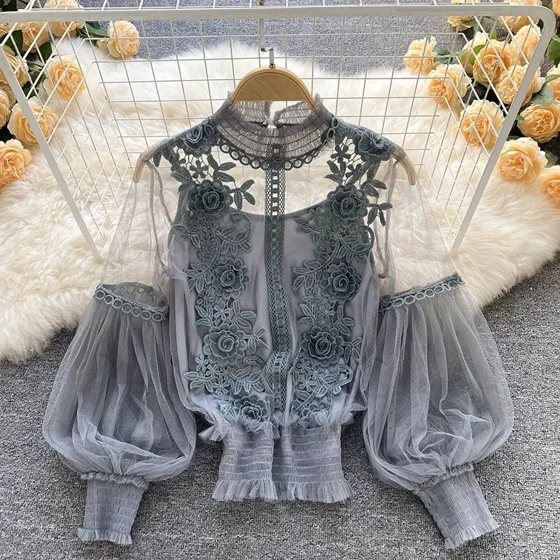 Elegant Floral Lace Puff Sleeve Victorian-inspired Blouse on Luulla