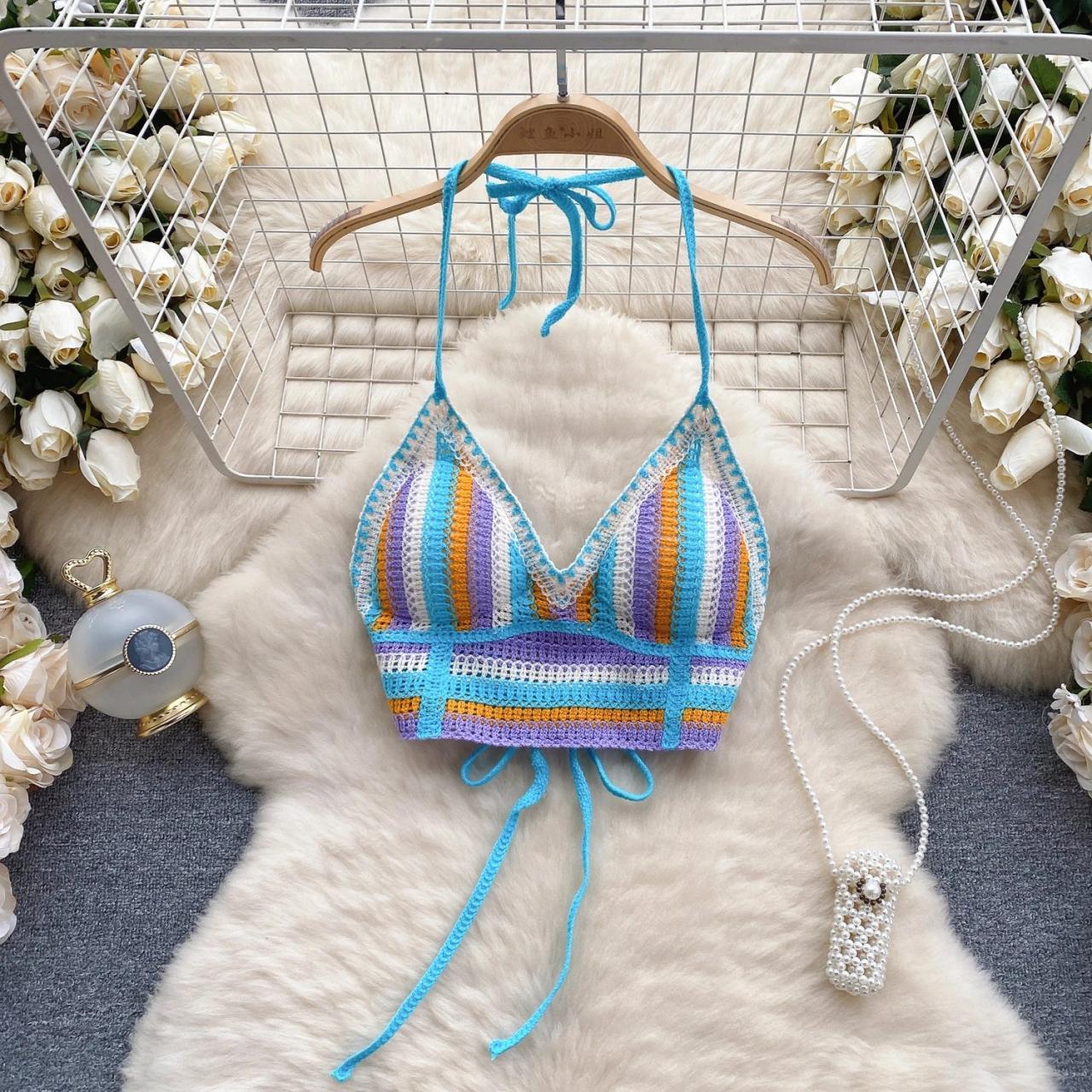 Bohemian Crochet Knit Halter Neck Bikini Top Colorful