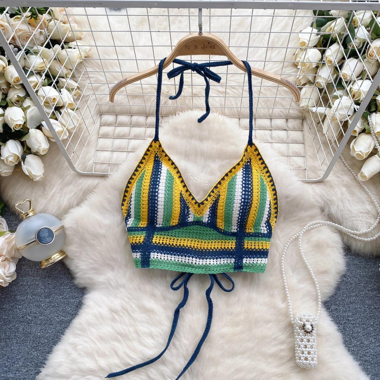 Bohemian Crochet Knit Halter Neck Bikini Top Colorful on Luulla