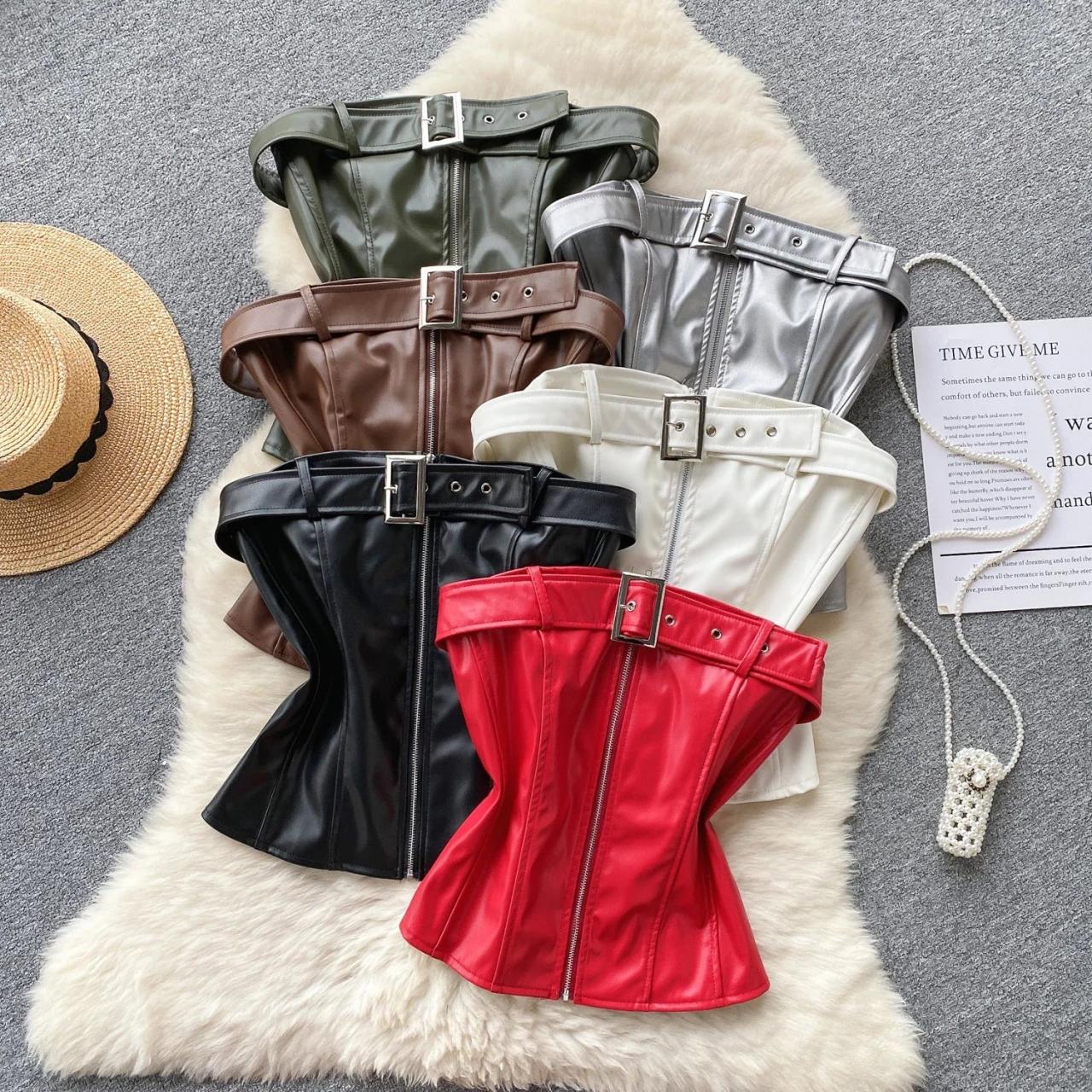Womens Faux Leather Zip-up Corset Belt Assorted Colors