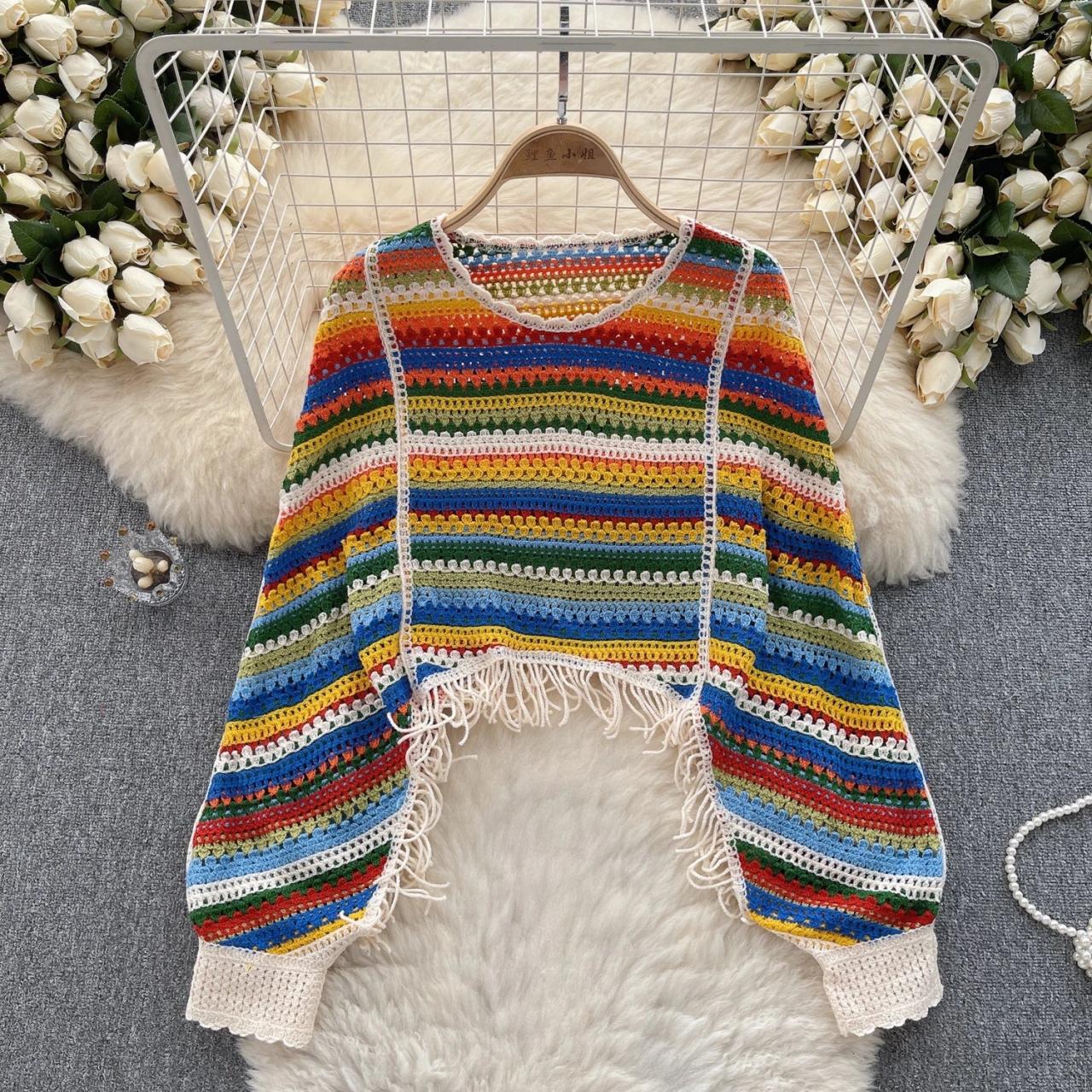 Cardigan Rainbow Crochet Cardigan With Fringe RYDCOT Women's Boho - Main Image