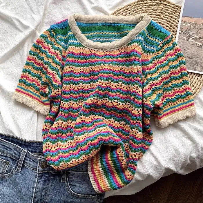 Womens Colorful Striped Crochet Knit Short Sleeve Sweater