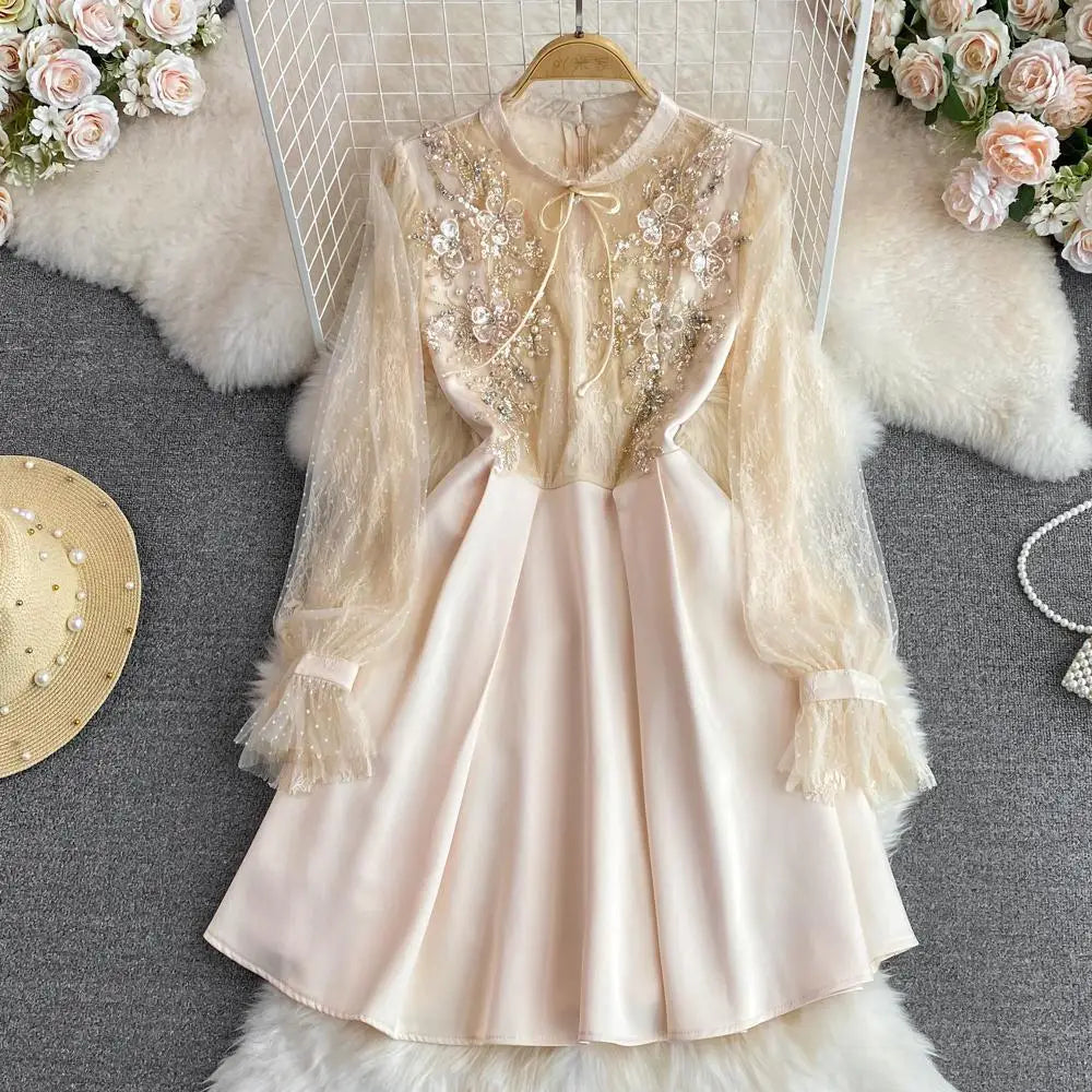 Elegant Beaded High Neck Lantern Sleeve Short Dress