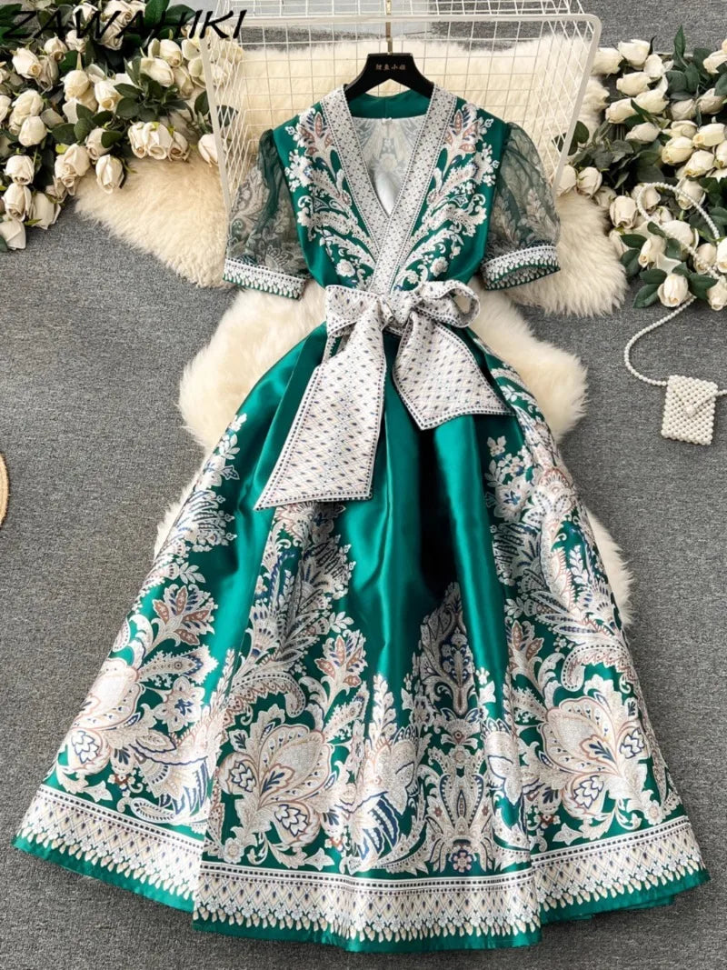 Elegant Green Embroidered Maxi Dress With Sash Belt