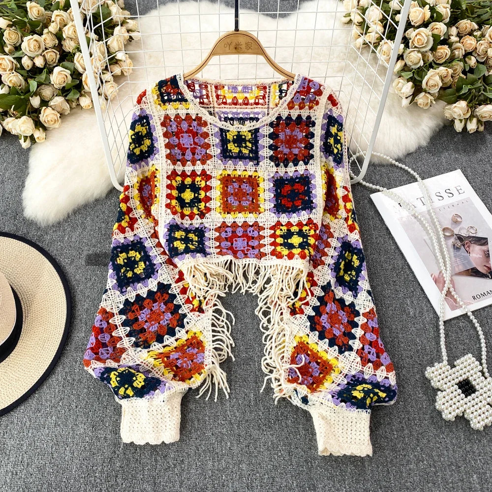 Bohemian Style Handmade Crochet Tassel Poncho Sweater
