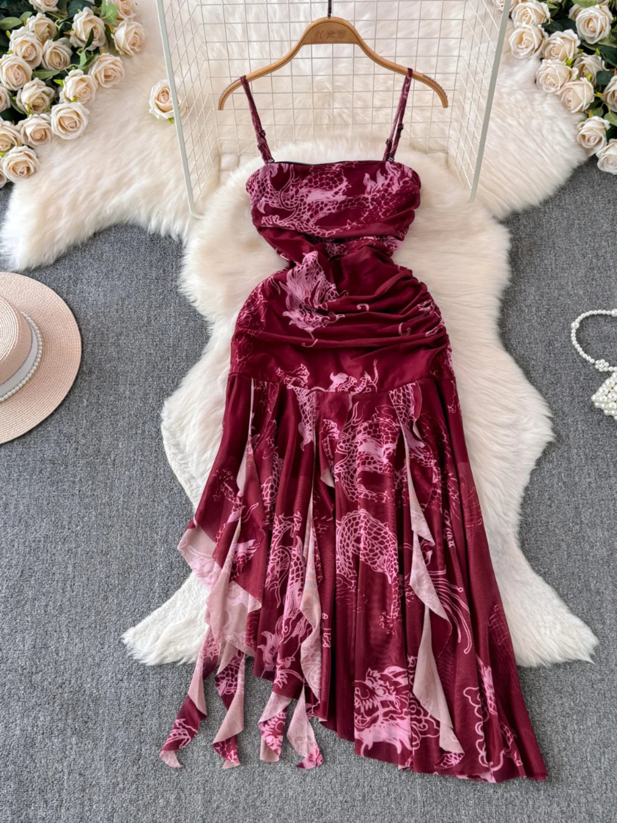 Elegant Burgundy Velvet Asymmetrical Hem Evening Dress