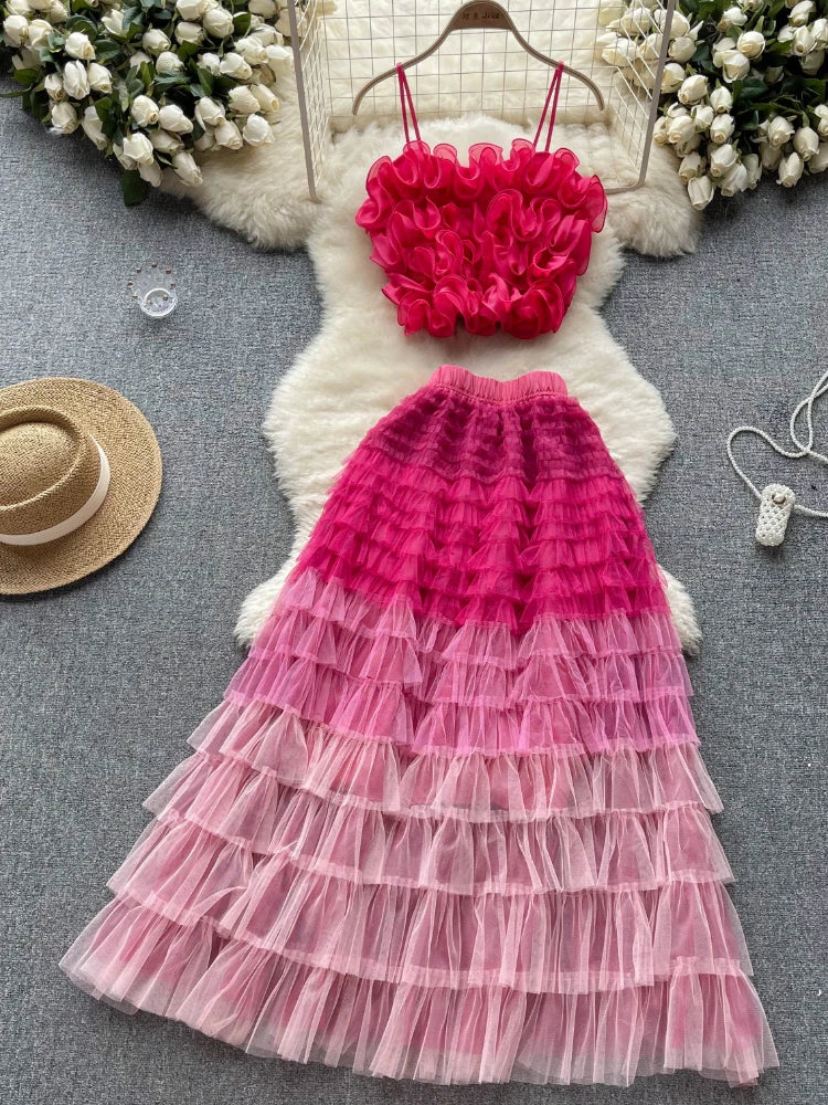 Womens Pink Ombre Ruffle Tulle Skirt With Elastic Waistband