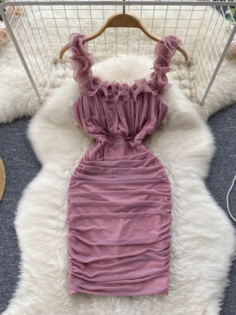 Womens Ruffle Shoulder Bodycon Mini Dress In Lavender