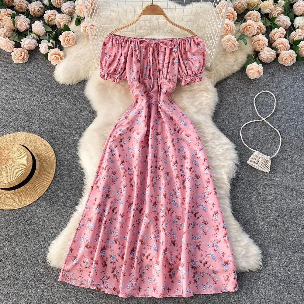 Off-shoulder Floral Print Summer Maxi Dress In Pink