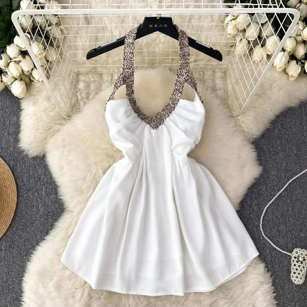 Elegant White Halter Dress With Embellished Neckline