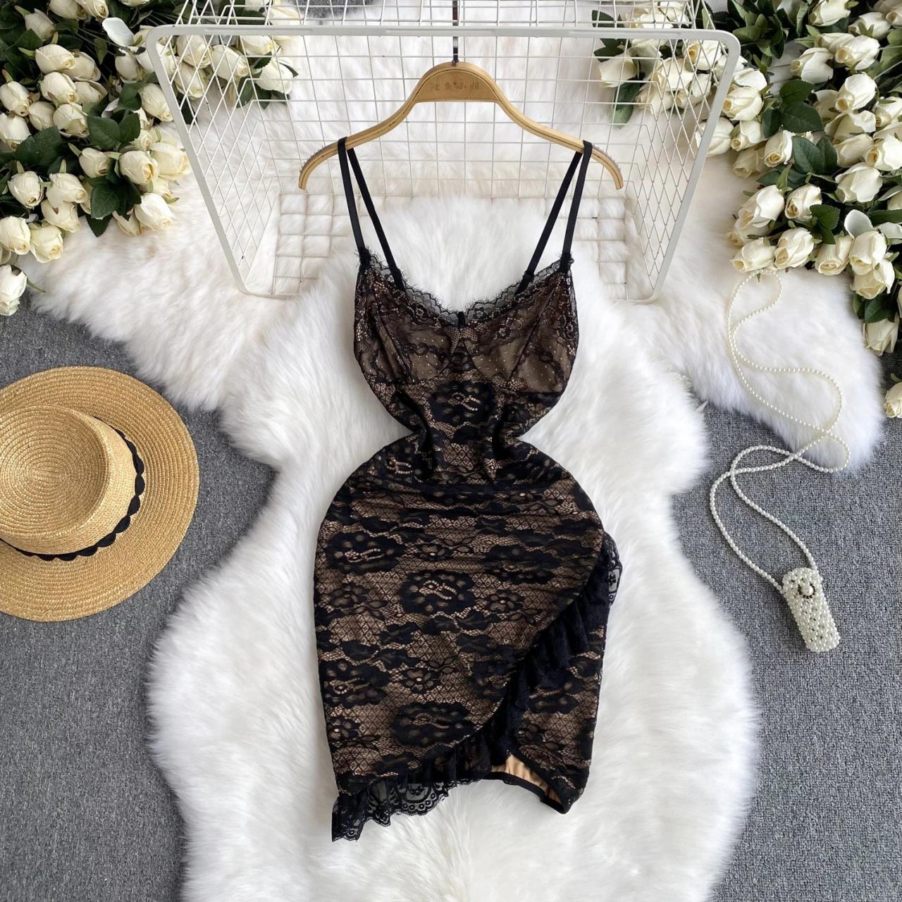 chinese dress ladies Asymmetric satin and lace mini dress black S077N010 – RASARIO main image 1