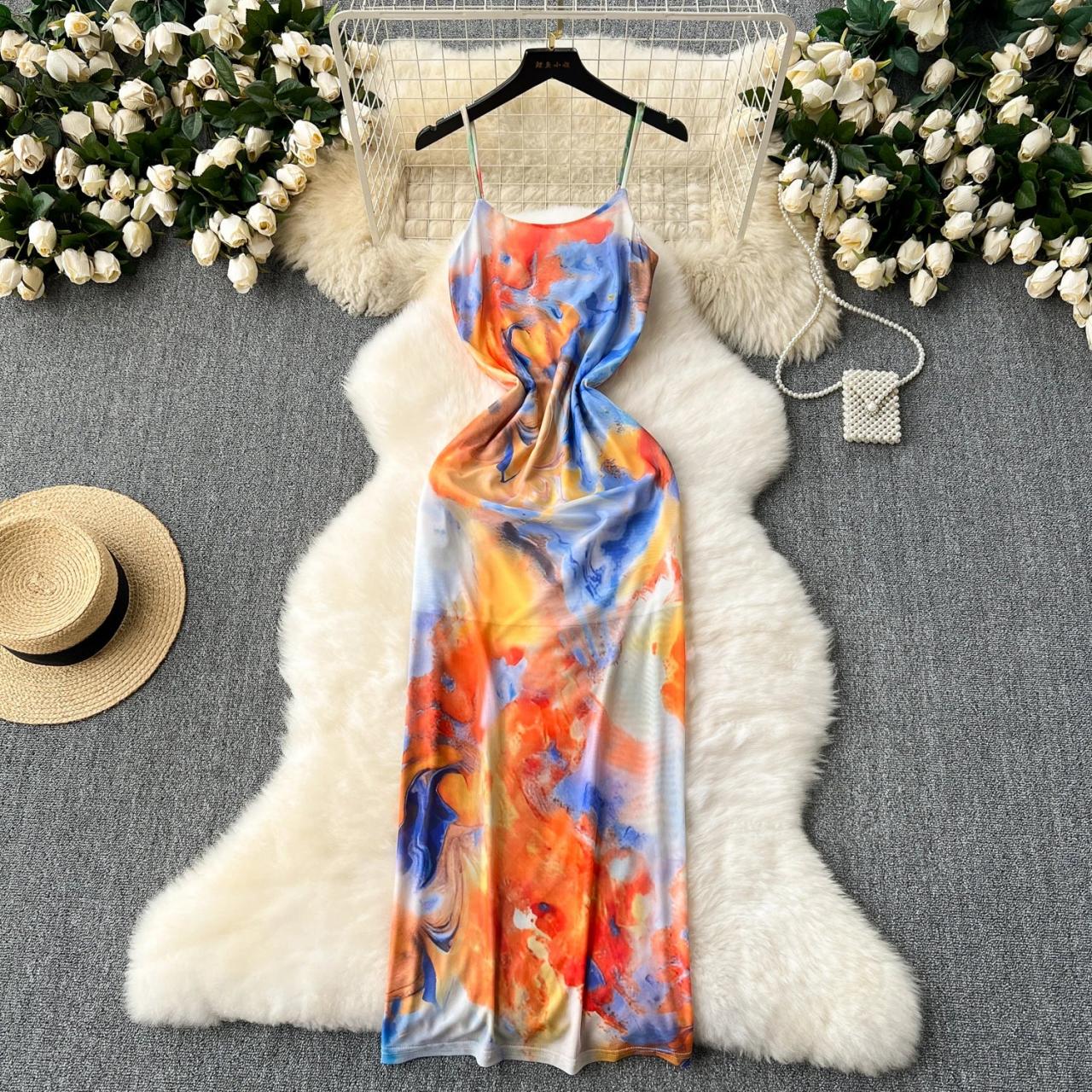 Abstract Print Sleeveless Halter Neck Summer Dress