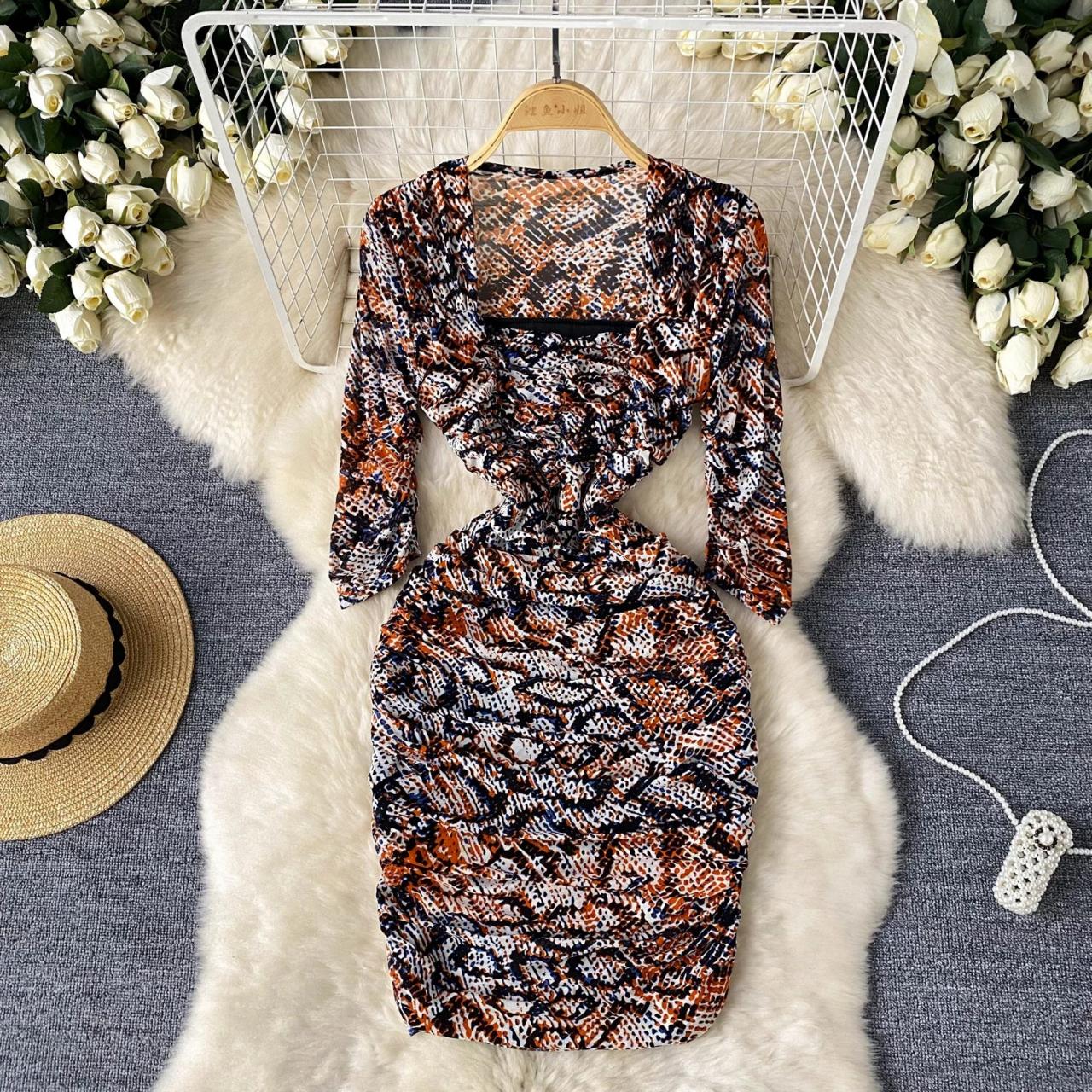 knee length dresses for ladies Carven Long Sleeve Mini Dress Paneled Snake Print Crepe Size 36 main image 0