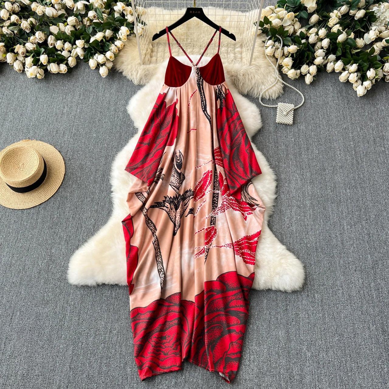 Womens Tropical Print Maxi Dress Summer Beachwear Spaghetti Strap