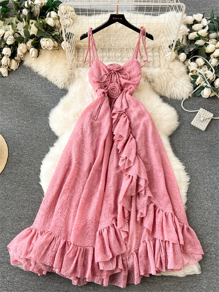Womens Elegant Pink Ruffled Maxi Dress With Bows