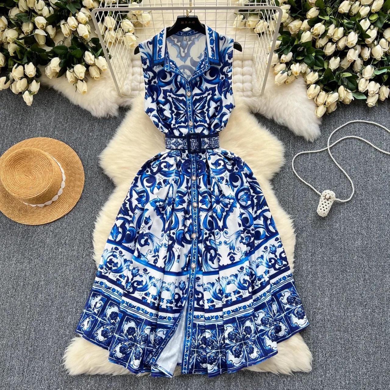 Womens Vintage Porcelain Print Sleeveless Summer Dress