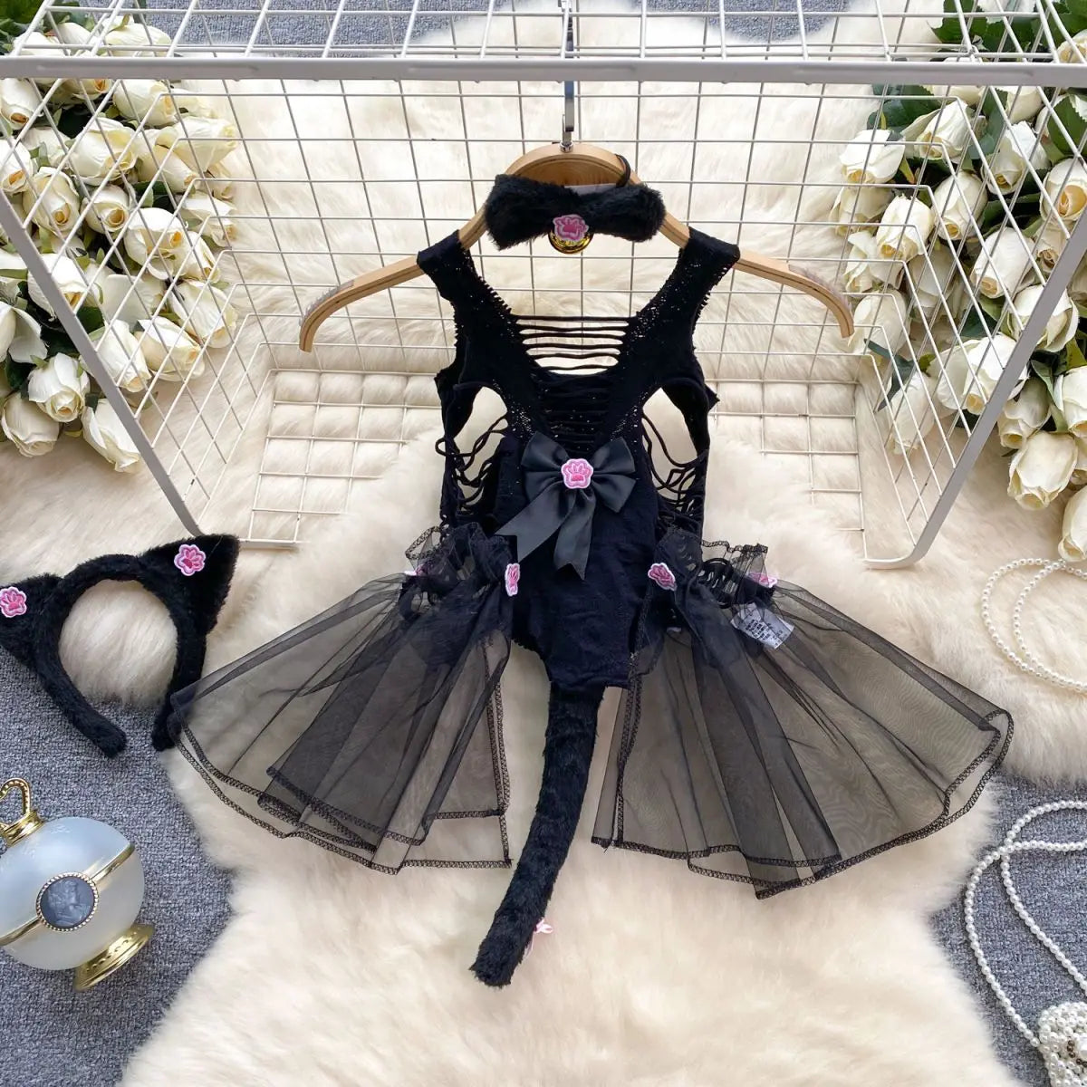 Gothic Lolita Black Dress With Cat Ears Headband Set
