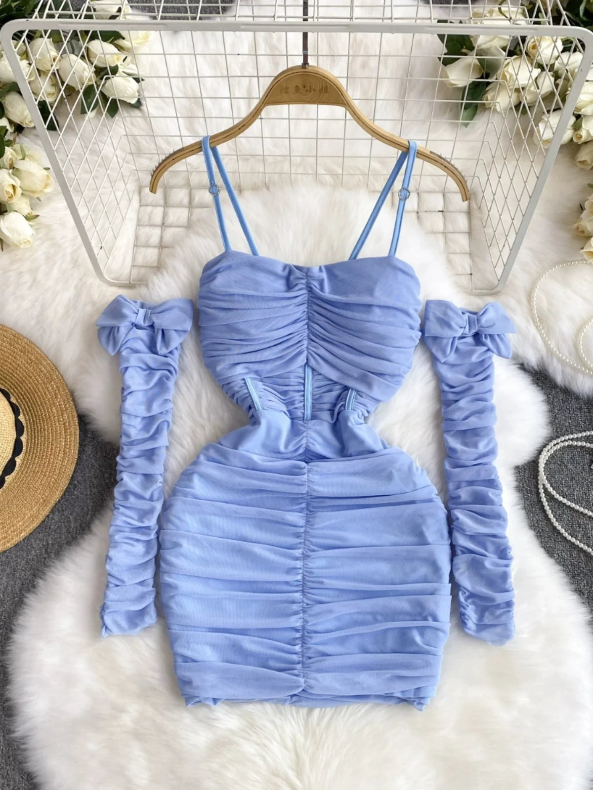 Womens Ruched Off-shoulder Long Sleeve Bodycon Dress