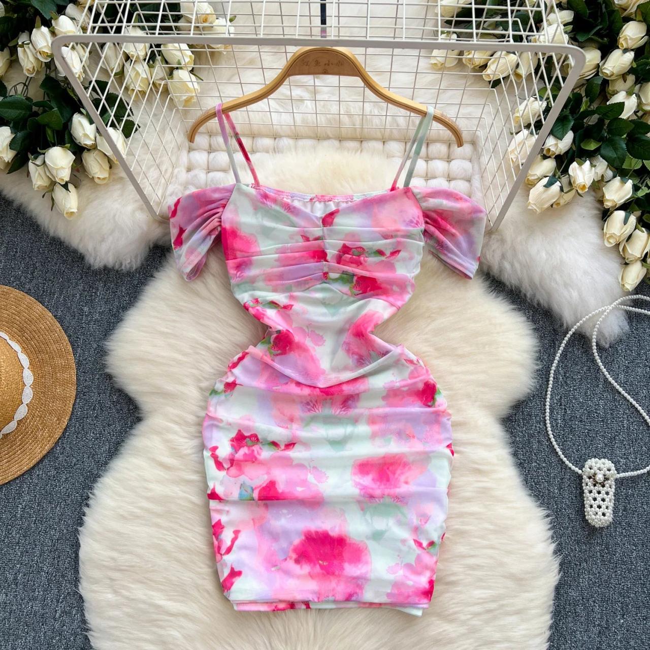 floral print ruched mini dress Ruched Tie Front Zipper Floral Print Mini Dress, PinkFloral / XS