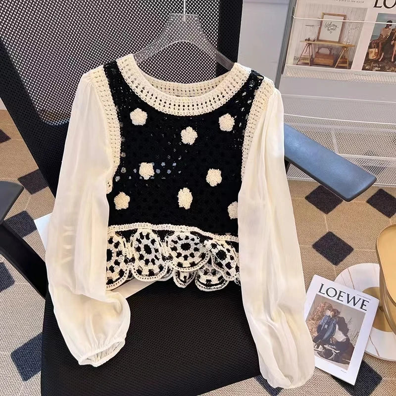 POL Round Neck Sleeveless Womens Top Crochet Contrast