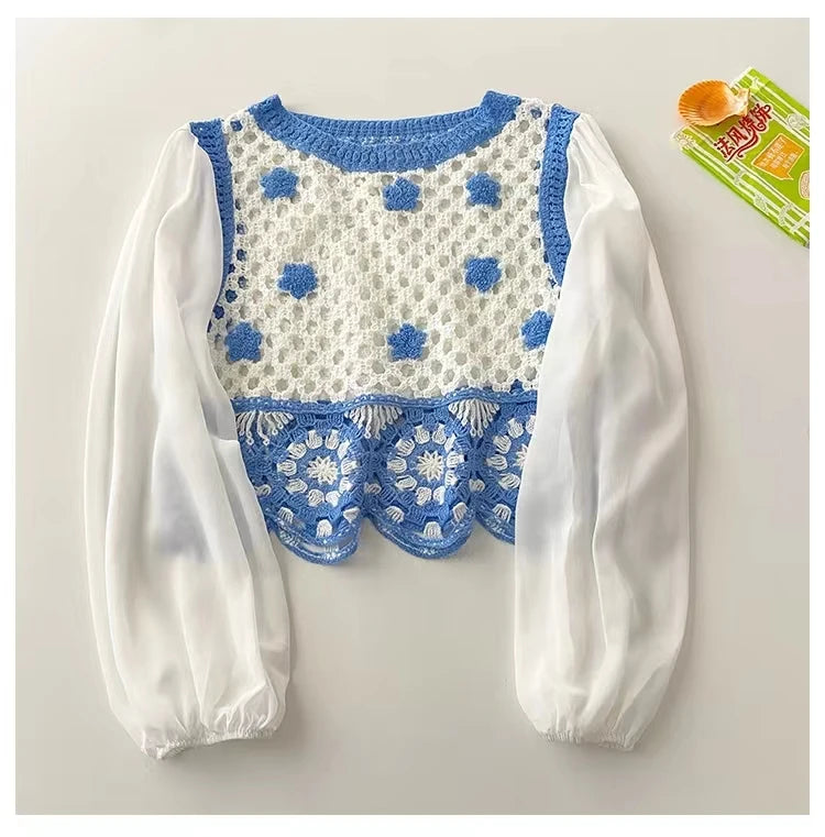 REVERSIBLE CROCHETED SPLIT RUFFLE BOW TOP • white and black polka dot