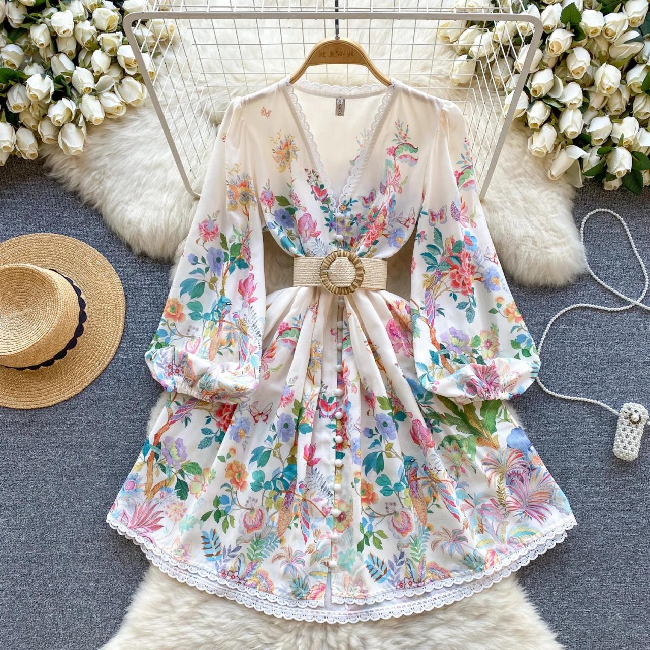 Bohemian Floral Print Belted Kimono Sleeve Mini Dress