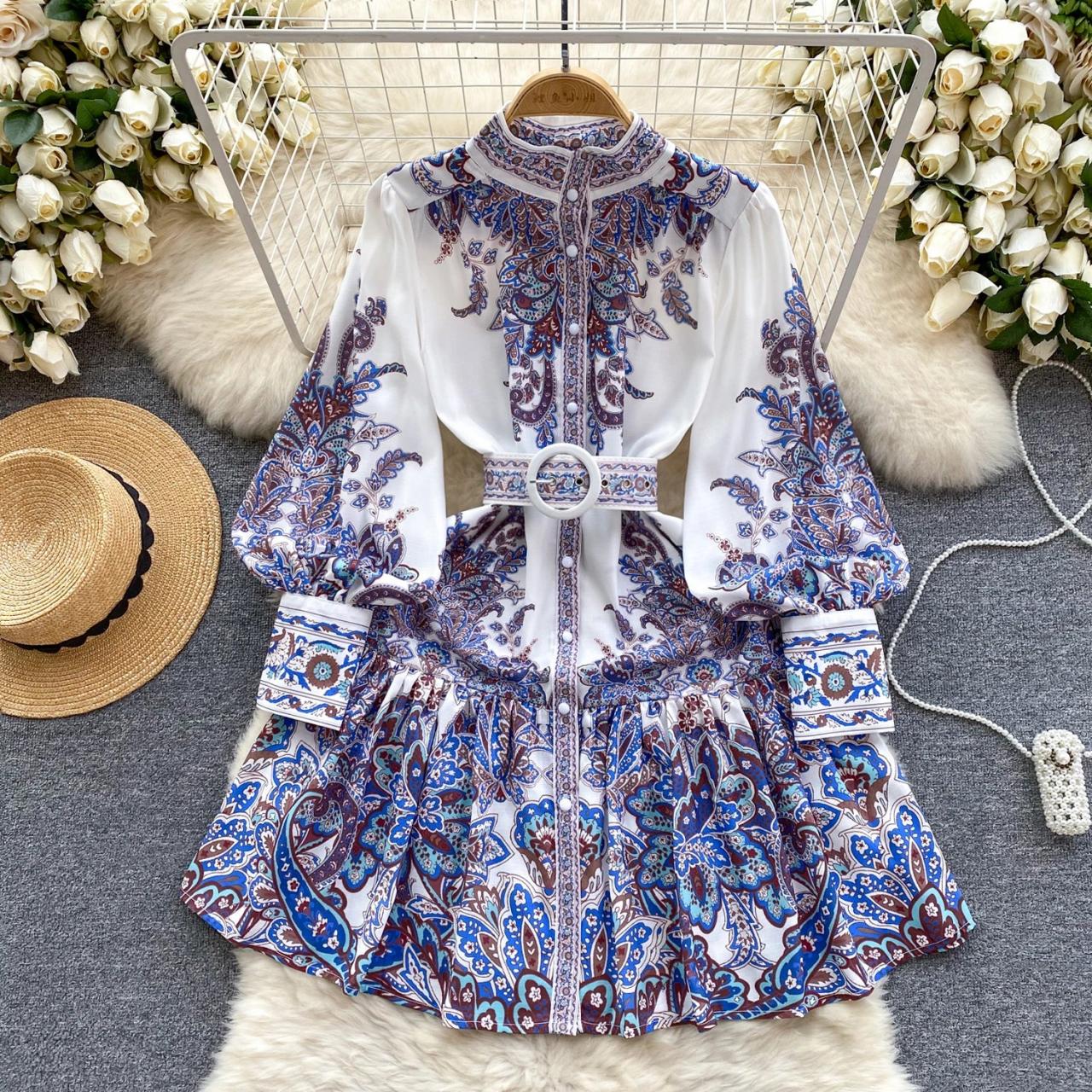 Heartwait Bohemian Style Printed Peasant Blouse with Belted Waist