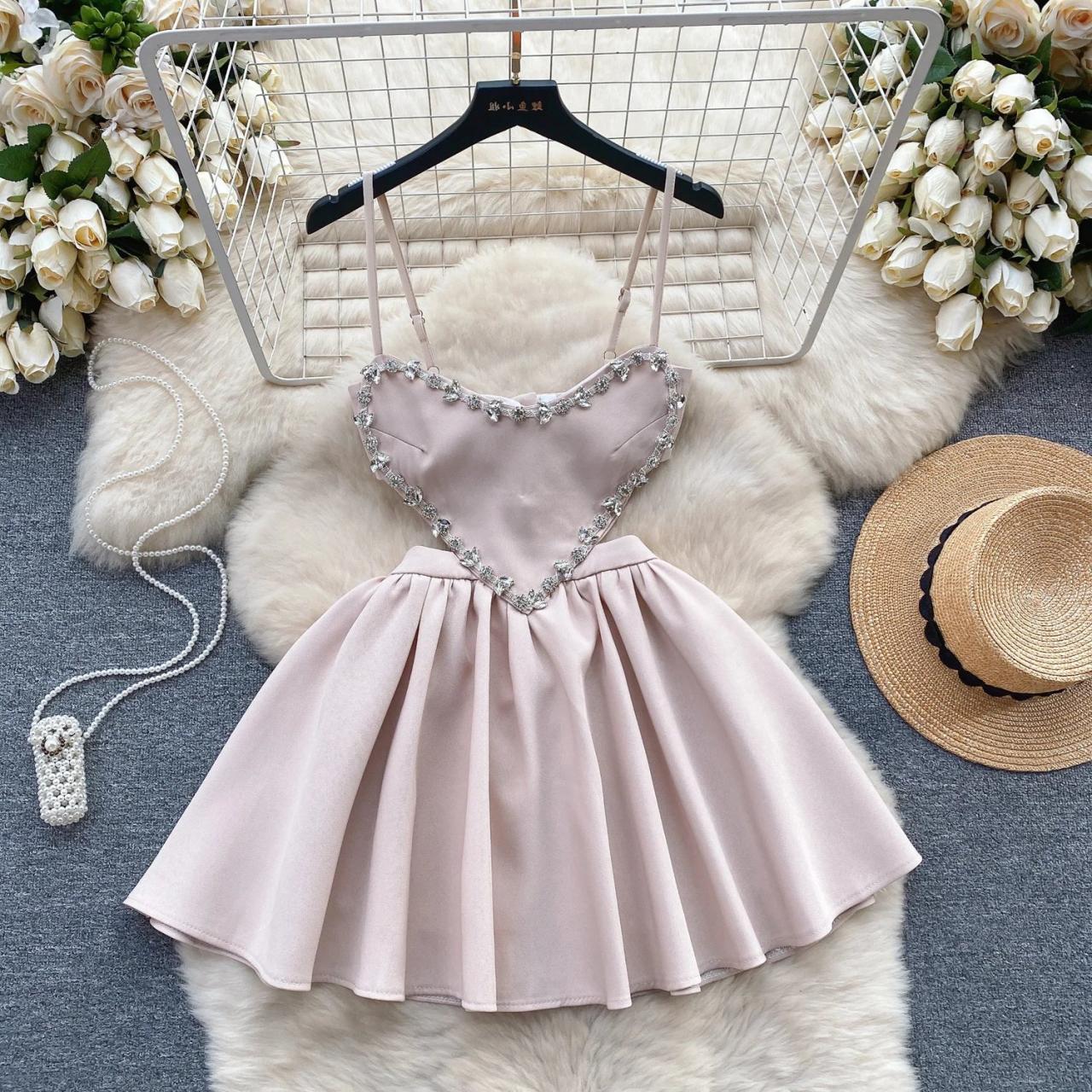 Elegant Satin Skater Dress With Rhinestone Embellishments on Luulla