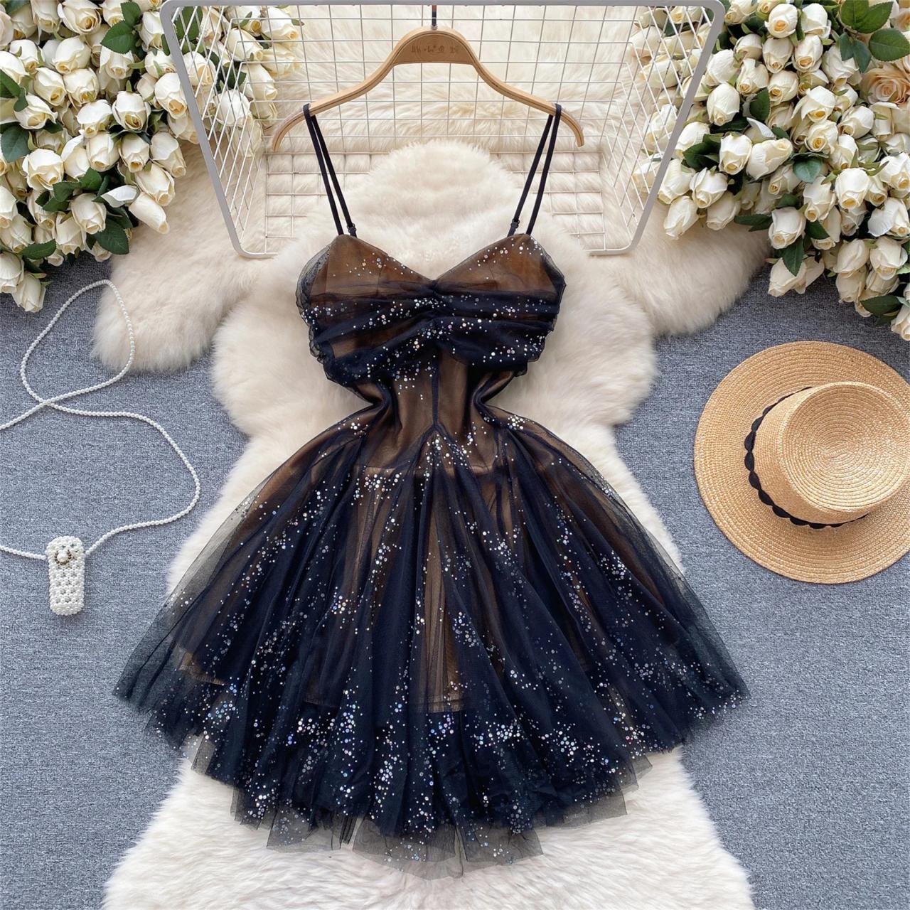 Womens Sparkling Navy Tulle Cocktail Dress With Sequins