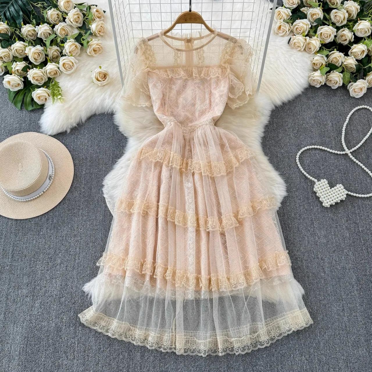 Vintage-inspired Lace Tulle Midi Dress With Sleeves