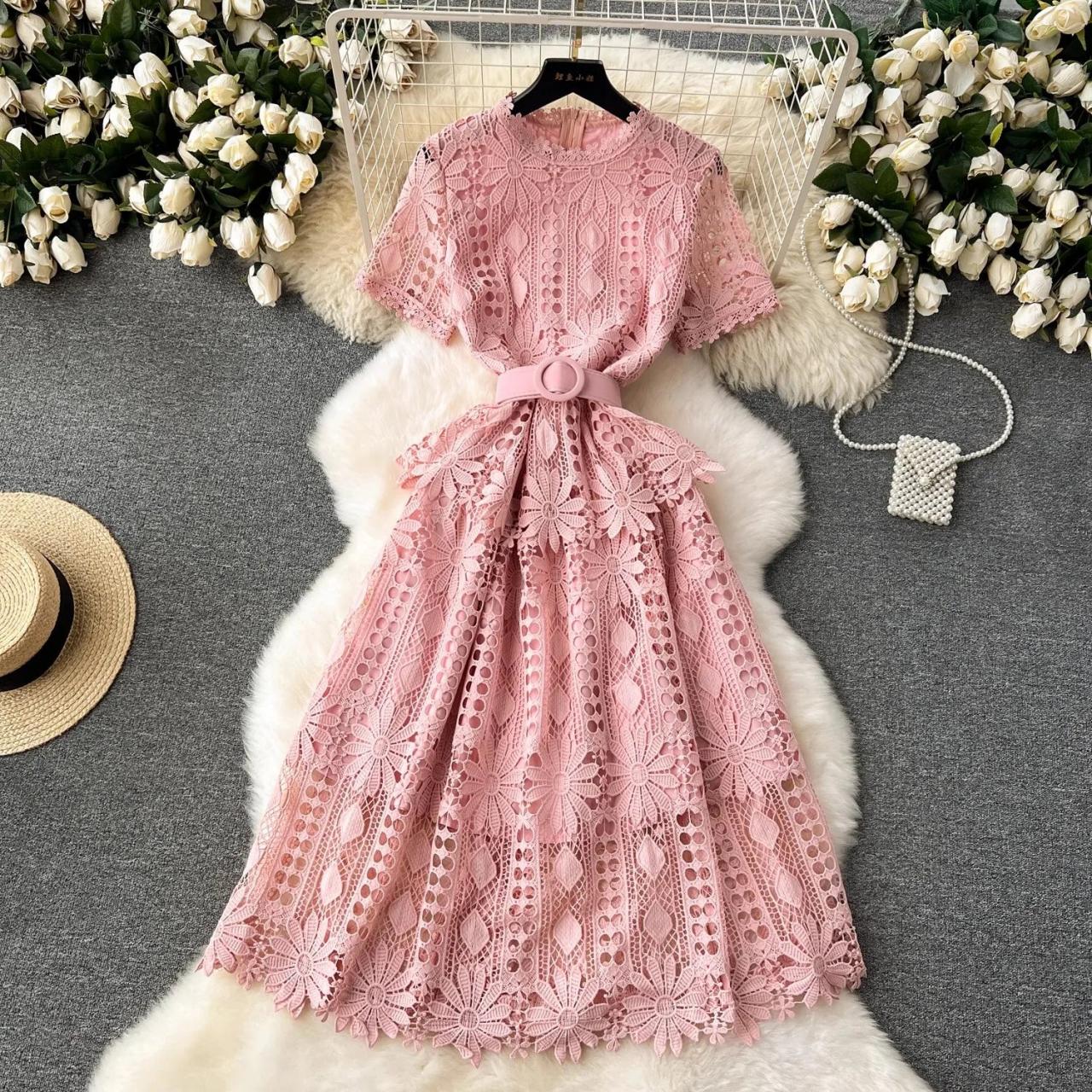 Elegant Pink Lace Belted Midi Dress For Women