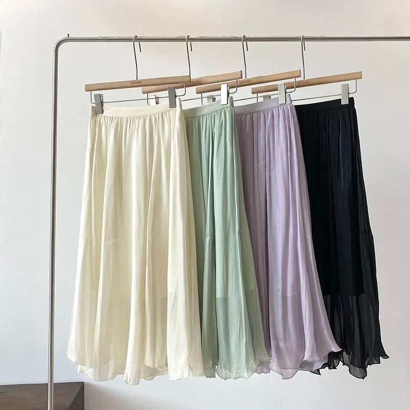 Womens Chiffon Maxi Skirt Elastic Waist Solid Color