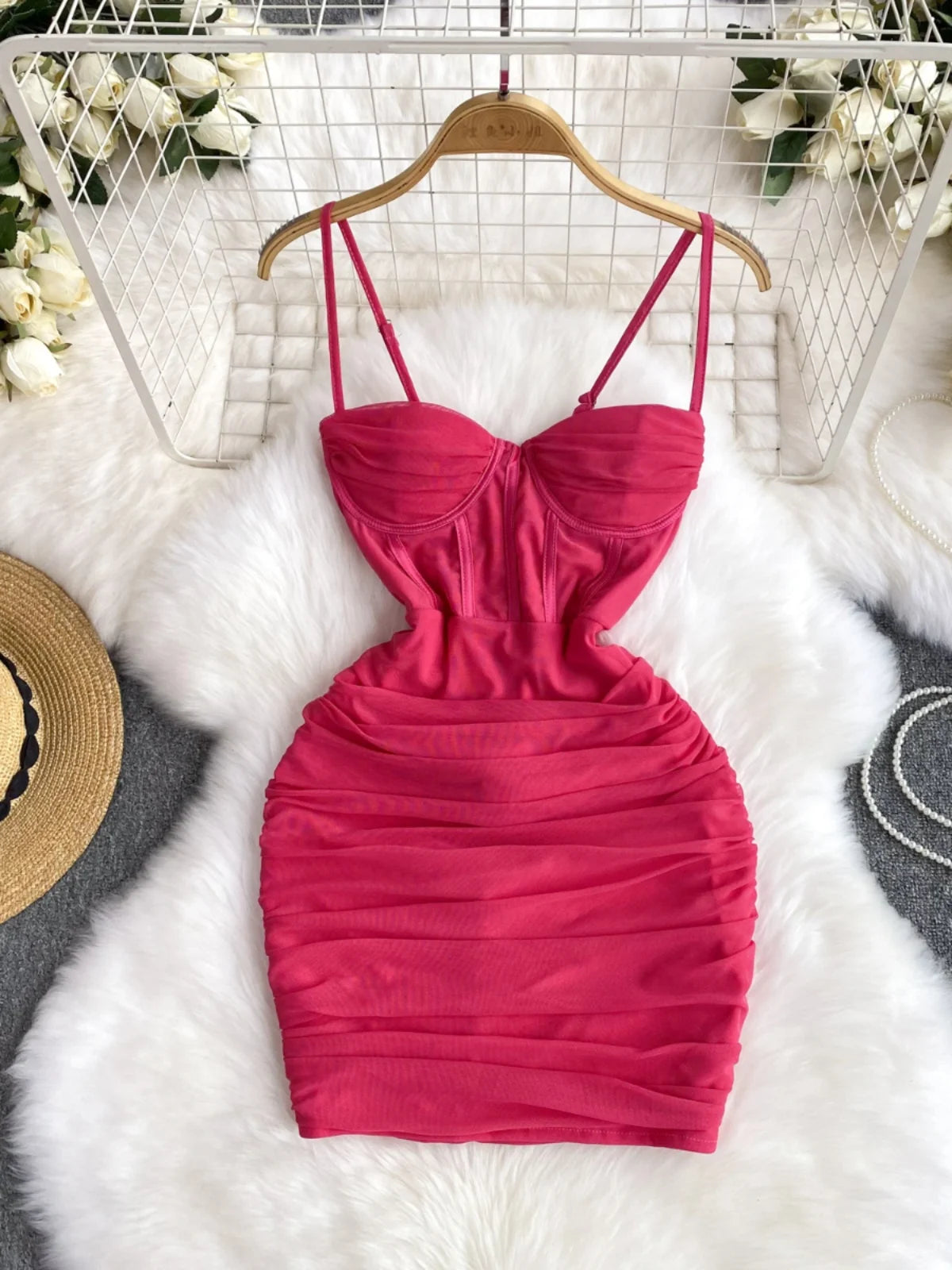 Elegant Fuchsia Bodycon Ruched Mini Dress With Straps